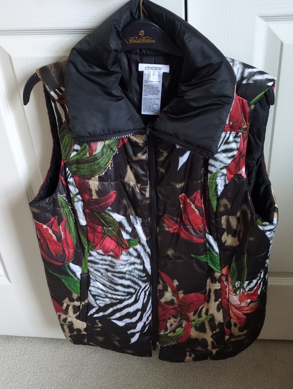 Reversable Chico's Black Puffer Vest with Red Floral & Green Leaf Print